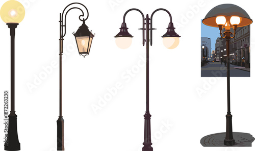 Classic street lamp collection showcasing vintage and modern outdoor lighting designs isolated on white background for urban city projects use