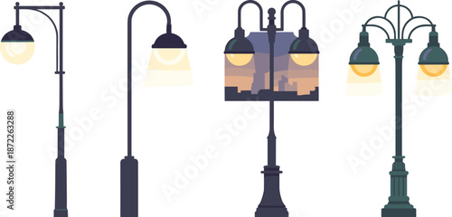 Classic street lamp collection showcasing vintage and modern outdoor lighting designs isolated on white background for urban city projects use