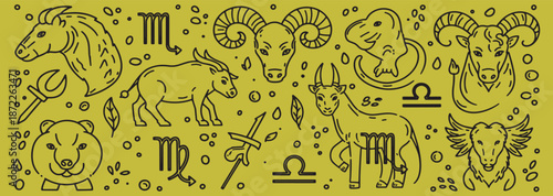 Collection of zodiac signs and astrological symbols in a minimalist line art style on a yellow background.