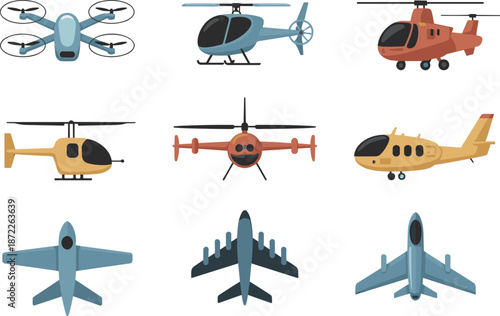 Collection of drones helicopters and aircraft, aerial vehicles isolated on white background, aviation technology, unmanned systems, aerospace design