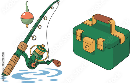 Fishing equipment set isolated on white, spinning rod, reel, float bobber, and green tackle box for angling concept