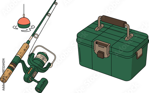 Fishing equipment set isolated on white, spinning rod, reel, float bobber, and green tackle box for angling concept