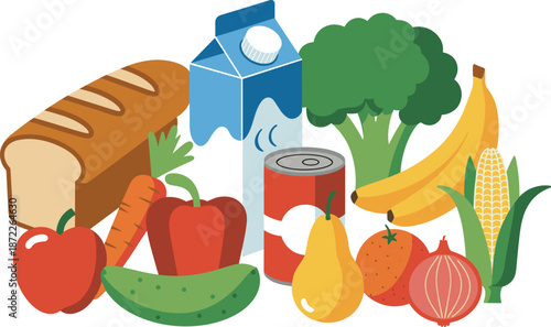 Fresh grocery food assortment, with fruits vegetables dairy bread and canned goods isolated on white background, healthy nutrition shopping concept