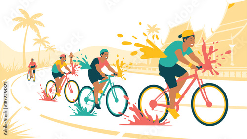 A colorful vector illustration of cyclists riding on a road with paint splatters