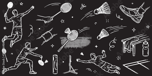Collection of hand-drawn badminton elements and players in action on a black background, illustrating the sport's dynamism.