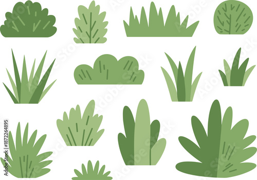 Green plants and bushes vector set, flat nature foliage collection, garden shrubs, grass elements, botanical design for landscape illustration