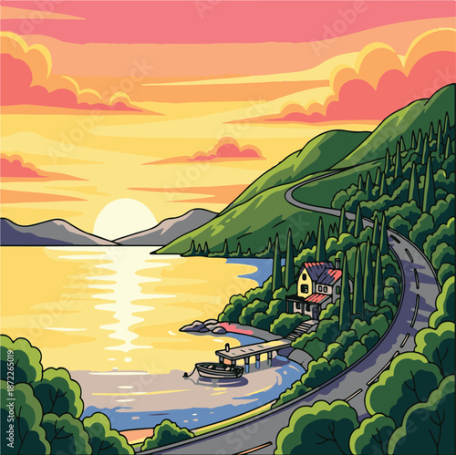 Sunset Coastal Road Landscape with Lake, Small House, and Wooden Pier Vector Illustration
