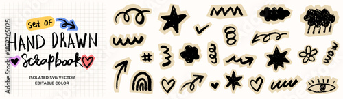 Set of vector scrapbook background paper page collage element illustration arrow, love, scribble, star, nature, and doodle clip art 
