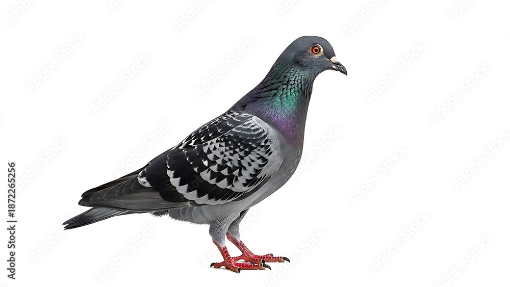 Obraz premium Majestic Feral Pigeon (Rock Dove) Profile Isolated on White Background. High-Detail Studio Cutout of a Common City Bird with Iridescent Plumage and Bright Orange Eye.