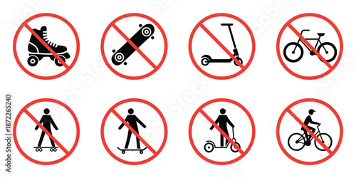 Ban rollerskate silhouette icon set featuring bike forbid pictogram, skateboard, roller skate, and kick scooter symbols, including permitted green icons and no allowed skating signs, 