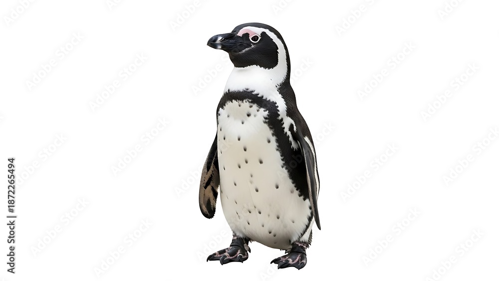 Obraz premium Detailed Full Body Studio Shot of African Penguin (Jackass Penguin) Standing Upright, Isolated Wildlife Animal on Clean White Background for Design Assets and Education.