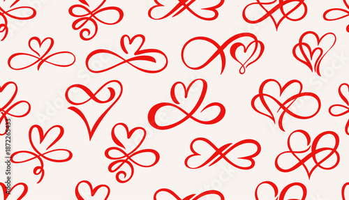 Cute hand drawn hearts with curls seamless pattern. Playful romantic vector design for fabric, textile prints, wrapping paper, gift packaging, Valentine’s Day decorations, love themed backgrounds.