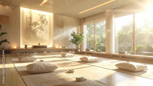 Zen yoga studio interior with cushions, plants, and natural light creating a peaceful atmosphere.