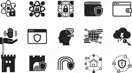 Collection of security and technology icons isolated on transparent background