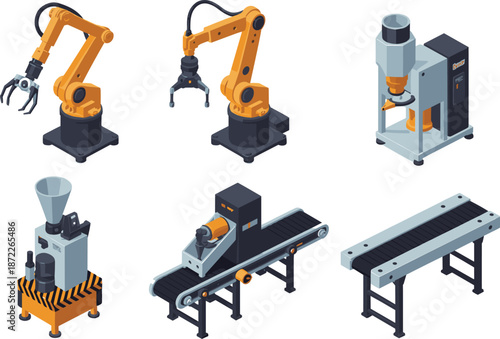 Industrial automation machinery set, robotic arms, conveyor belts, factory equipment, manufacturing technology, isometric illustration, smart industry, production line