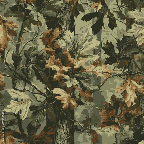 Tree forest camouflage seamless pattern design pattern for hunting and military uniforms. Hunting camouflage. Vector camouflage pattern.