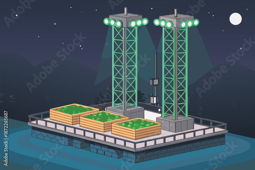 Futuristic Floating Megafarm Night Bazaar Realist