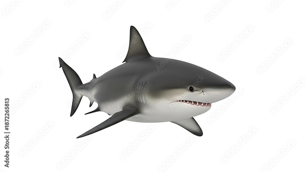 Fototapeta premium Isolated Great White Shark 3D Illustration: Photorealistic Full-Body Render of an Apex Ocean Predator Gliding Forward on White Background for Wildlife, Danger, and Marine Biology Designs.