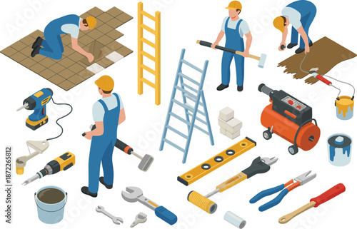Isometric construction workers and tools illustration, home renovation, repair and maintenance concept, builders equipment set, 3d vector design