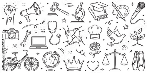 Collection of hand-drawn icons representing diverse professions, concepts, and symbols of human achievement and values.