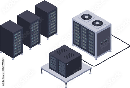 Isometric data center servers illustration, cloud computing infrastructure, network storage, hosting technology, cybersecurity, server racks, database management, digital IT systems