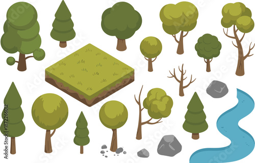 Isometric forest elements set with trees grass rocks and river, cartoon nature assets isolated on white background illustration