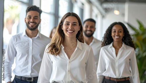 Diverse group of smiling professionals wearing white blouses shirts posing together in the office