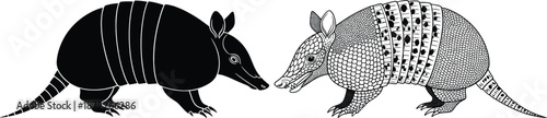 Armadillo silhouette and engraved illustration comparison black white wildlife animal vector design set