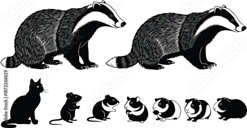 Badger and rodent silhouette set with engraved style wildlife animals black vintage vector illustration collection