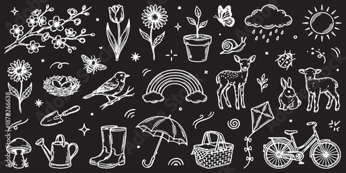 Chalkboard style illustrations of spring elements including animals, plants, weather, and outdoor activities.