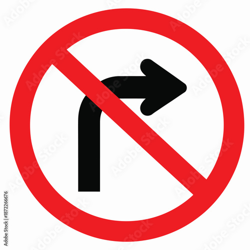Circular single white traffic sign featuring red and black no turn right symbol, indicating do not turn right restriction, suitable for road safety signage, transportation regulation
