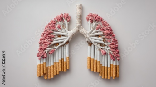 Artistic representation of human lungs constructed from cigarettes and pink fibrous tissue