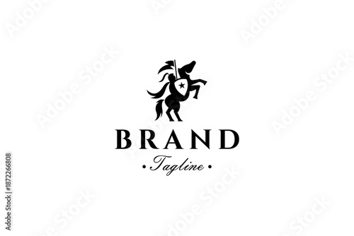 Horsemen carry flags and wear iron armor and shields in a flat silhouette vector logo design style.