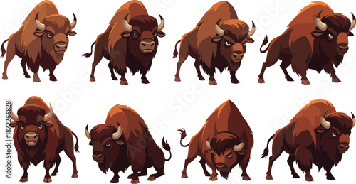 Cartoon bison character set with multiple aggressive poses wild buffalo animal mascot vector illustration collection
