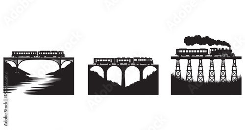 Steam Train Bridge Collection Vector Silhouette Set, Vintage Railway Landscape Illustration.