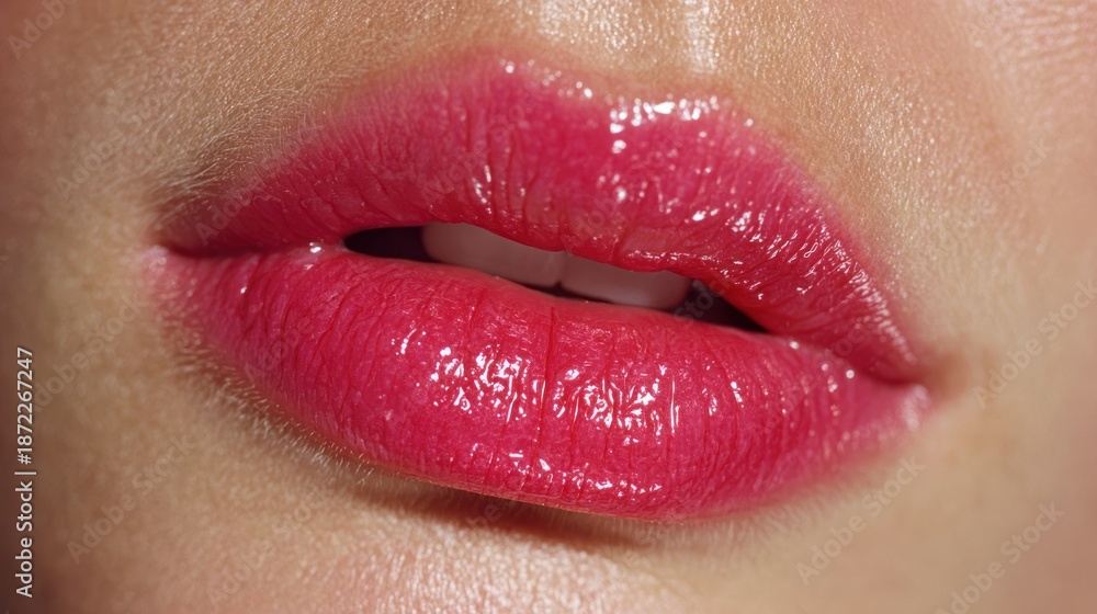 Obraz premium Close-up of a person's glossy, pink lips, slightly parted, showing teeth