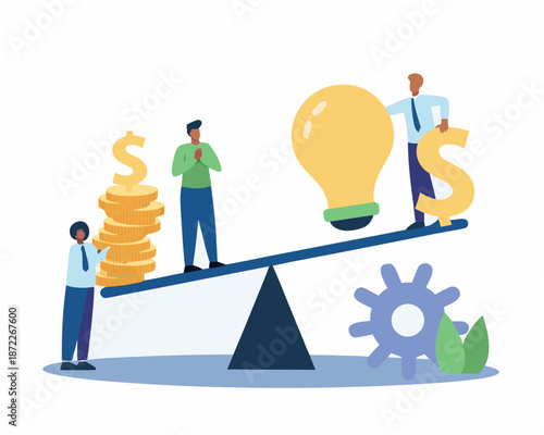 Businessmen balancing money and innovation on a seesaw