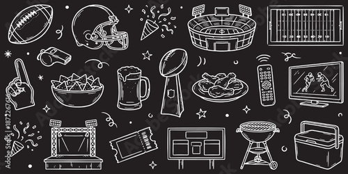 Collection of American football game elements and fan accessories depicted in a chalk-style illustration on a dark background.