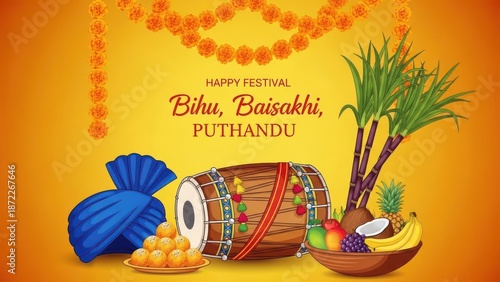 Festive Illustration Celebrating Bihu, Baisakhi, and Puthandu with Traditional Musical Instrument, Turban, Marigolds, and a Fruit Bowl