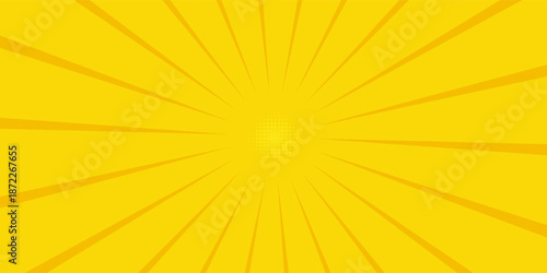 Bright yellow pop art background with comic rays and halftone dots. Sunburst radial lines for sale, retro design, comic book style, explosion, vintage energy theme, or summer banner template.