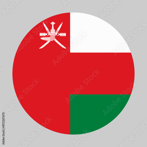 Flag of Oman in circular shape with accurate proportions and official colors
