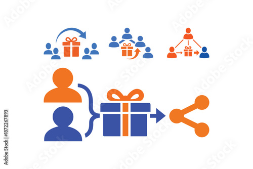 Gift sharing and referral marketing concept icons - Group gift contribution and social sharing vector illustration