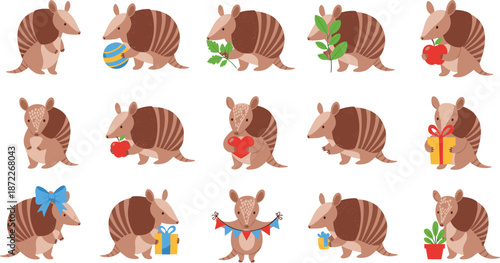 Cute armadillo character set with gifts plants hearts activities cartoon wildlife animal mascot vector illustration