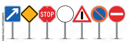 Road warning sign vector illustration with realistic blank regulatory template, isolated on transparent background, ideal for abstract concept graphics, empty banner mockups, traffic signage design