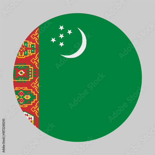 Flag of Turkmenistan in circular shape with accurate proportions and official colors. Representing national identity and patriotism.