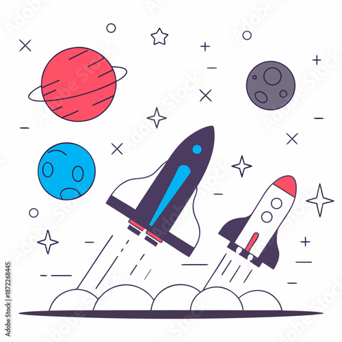 Rocket launch with planets