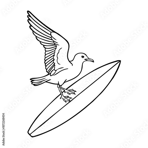 Logo club de surf. Dibujo sencillo con líneas de gaviota con alas abiertas en tabla de surf