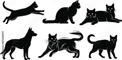 Cat silhouette set with jumping sitting walking resting poses black domestic animal shapes vector illustration collection