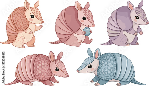 Cute armadillo character set with pastel colors sitting walking poses cartoon wildlife animal mascot vector illustration