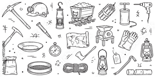 Collection of mining equipment and tools, including pickaxes, helmets, lanterns, and maps, depicted in a hand-drawn sketch style.